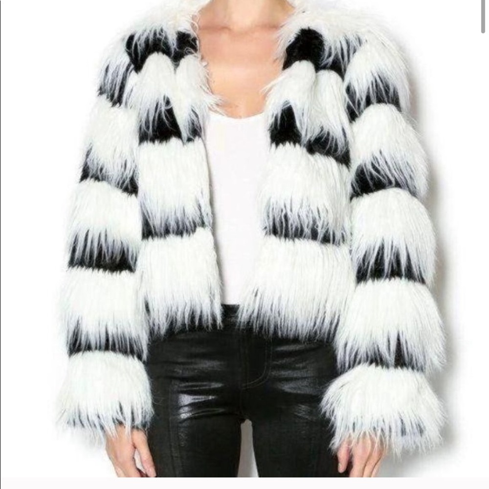 Women's Black and White Faux Fur Jacket